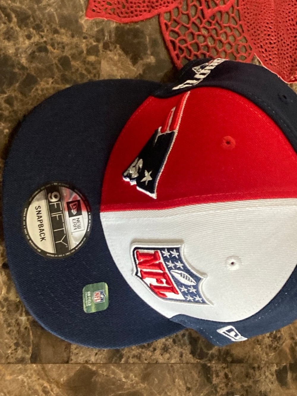 New Era NFL  Patriots Tri-Panel Snapback Hat in Red, White & Blue osfa